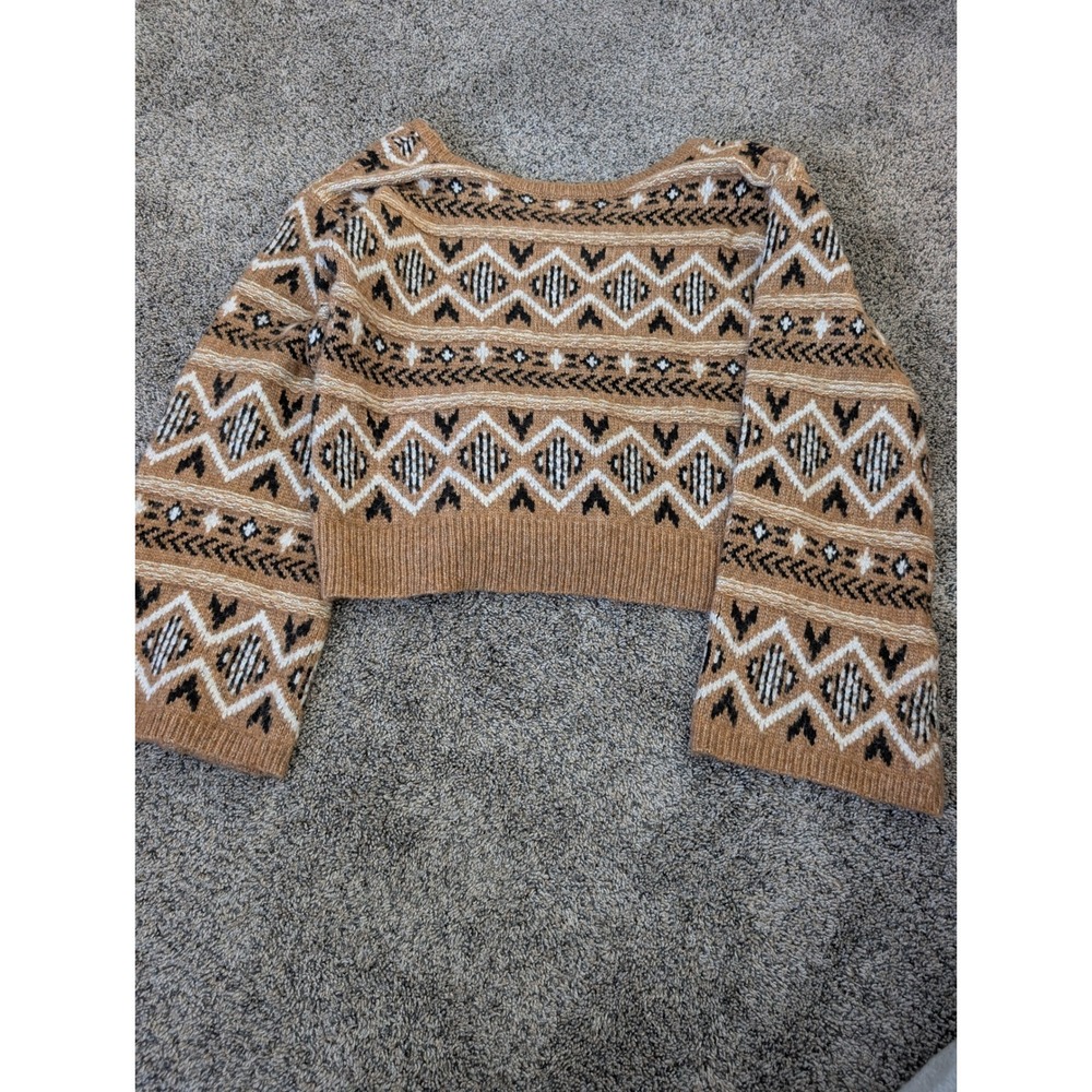Sam Edelman Womens Cropped Fair Isle Sweater Brown Geometric‎ Knit Scoop Neck M